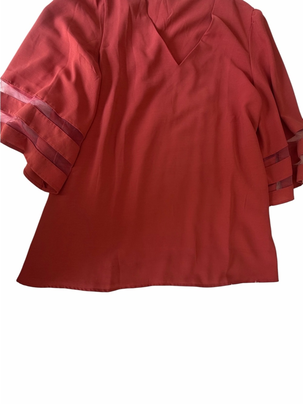 Womens Rust  V-Neck Blouse with Sheer Stripe Sleeves